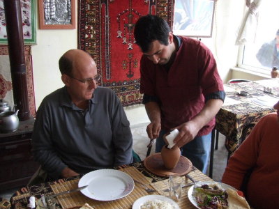 Goreme: Bob had to get another dose of Testi Kabap.  No, its not Rocky Mtn Oysters; its the name for the clay pot.
