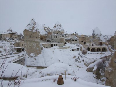 Goreme: The view from our hotel after several inches of snow accumulated.