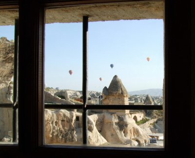 Goreme: Balloons as seen from our window in the morning.