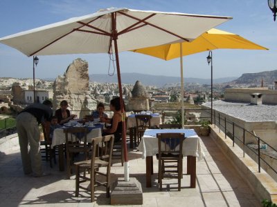 Goreme: View from the terrace at the Traveller's Cave Hotel