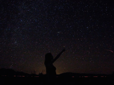 Diane tells the sky where she would like the next meteor to appear.  Note the Andromeda galaxy above her @ about one o'clock