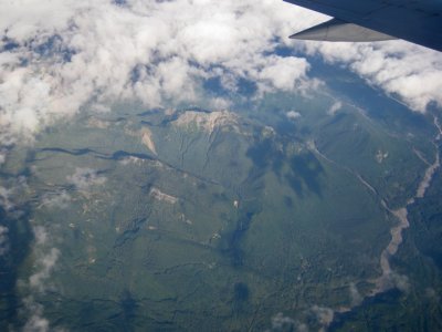 Rugged terrain below