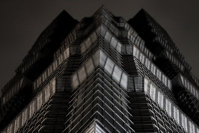 Jin Mao Tower at night seen from below