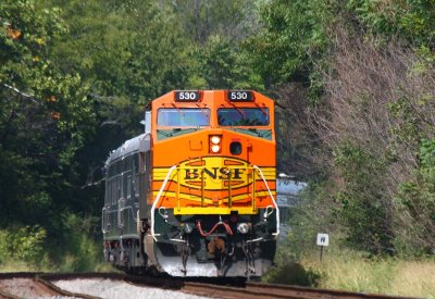 BNSF business train holds the main at south Kings. The train is heading to the Ryder Cup at Louisville.