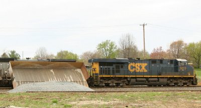 M030 dumps ballast for a track project at Princeton.