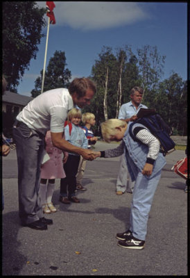 Lars bowing to Kre Solli - his form master to be - Berg skole 1st Day of School August 1981