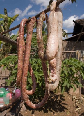 Fresh sausages hanging out to dry.