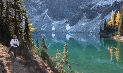 Cathy beside Blue Lake