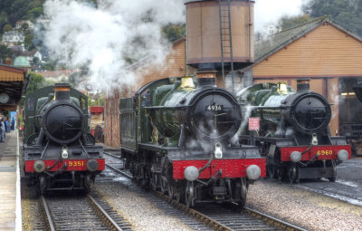 GWR 4-6-0 6960 RAVENINGHAM HALL, GWR 4-6-0 4936 KINLET HALL. GWR MOGUL 2-6-0 9351.