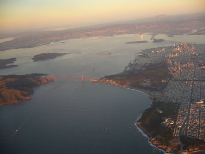 View of Golden Gate Bridge & Alcatraz on departing SFO