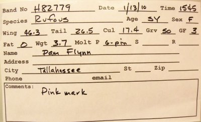 Data card that is prepared for each bird that is banded.  This data is sent to the Bird Banding Laboratory in Maryland.