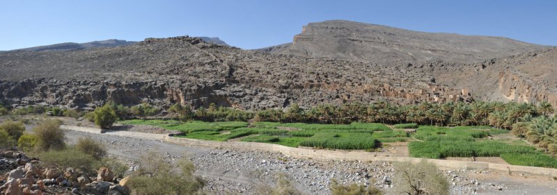 Panorama with Wadi Ghul, the ruins of the ancient village of Ghul and Jabal Shams