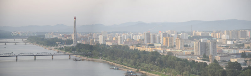 Panorama of the east bank of the Taedong River with Juche Tower, Pyongyang