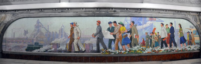Panoramic photo of one of the mosaics of Puhung Station, Pyongyang Metro