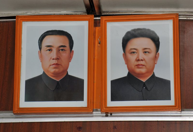 Official portraits of Kim Il Sung and Kim Jong Il in each car of the Pyongyang Metro