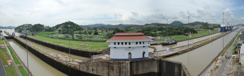 Panoramic view of the Panama Canal at the Miraflores locks