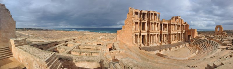 Panoramic view of the Roman Theater of Sabratha on the shore of the Mediterranean