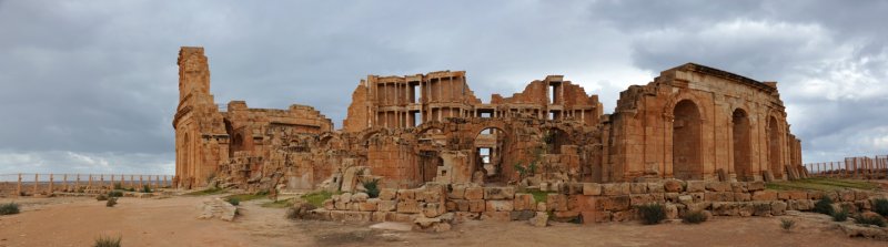 Panoramic view of the exterior of the Roman Theater of Sabratha