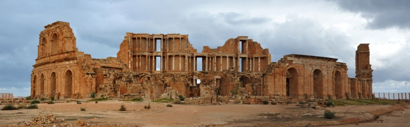 Panoramic view of the exterior of the Roman Theater of Sabratha
