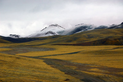 Tibetan plateau with snow covered mountains