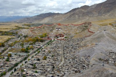 View north from Gyantse Dzong to the Tibetan old town and Pelkor Chöde Monatery