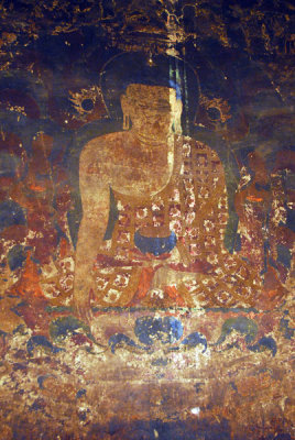 Mural faded and darkened with age, Pelkor Chöde assemby hall