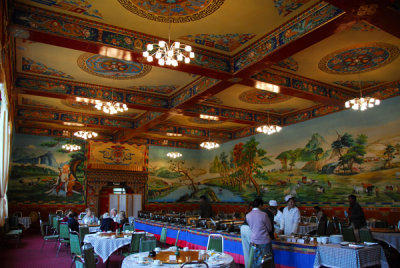 Colorful dining hall of the Gyantse Hotel at breakfast