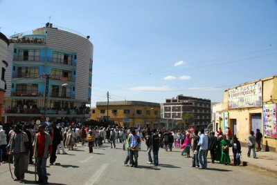 Circle Hotel, on the left, downtown Gondar