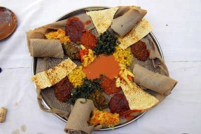 A plate of traditional Ethiopian fasting food - vegetarian dishes