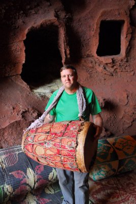 Keith tries out a chanter's drum