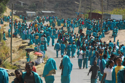 Blue uniformed Ethiopian high school students, Lalibela