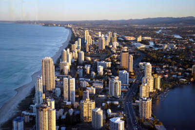 View south from Q1 Tower, Gold Coast from Surfers Paradise to Coolangata and Lamington Mts