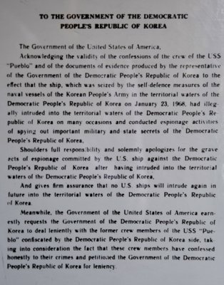 Written apology from the US government for the Pueblo Incident