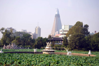 Park near the Sinso Bridge with the Ryugyong Hotel