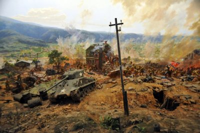 Wreck of a US Sherman tank in the foreground of the Battle of Taegu cyclorama