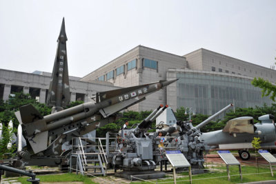 Open-air display of military hardware at the Korean War Memorial