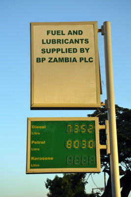 BP Zambia - 8030 kwacha/liter ($1.61/liter or $6.09/US gallon)