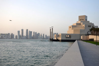 Museum of Islamic Art with the skyline of Dohas west bay area