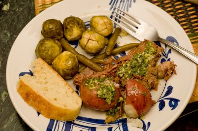 lesso with potato, beans and brussels sprouts