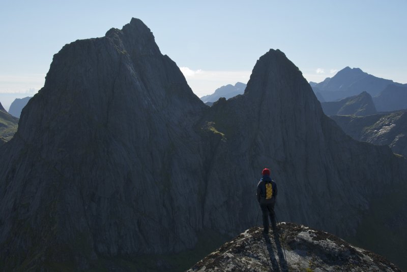Sheila taking in the towers of Krakhammartinden