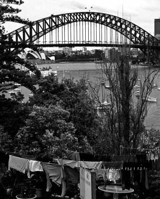 Sydney Harbour Bridge with clothes line in mono