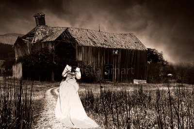 Derelict timber house in Tasmania with bride