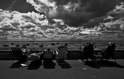 Sunbakers at Southend on Sea in monochrome
