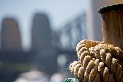 Ropes on Manly ferry with Sydney Harbour Bridge backdrop