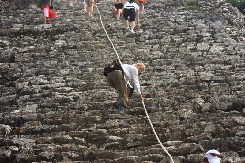 Julie climbing down the Coba ruins