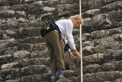 Julie climbing down the Coba ruins