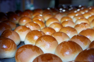 tasting freshly baked buns