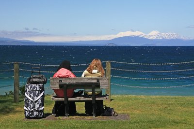 Taupo Tourists, overlooking, Lake Taupo.