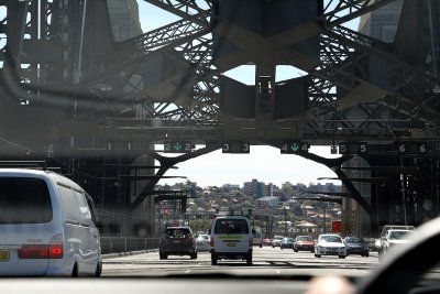 Taken from the car, driving over the Sydney Harbour Bridge..