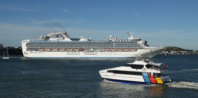 Diamond Princess with A Ferry in the foreground. - Auckland.